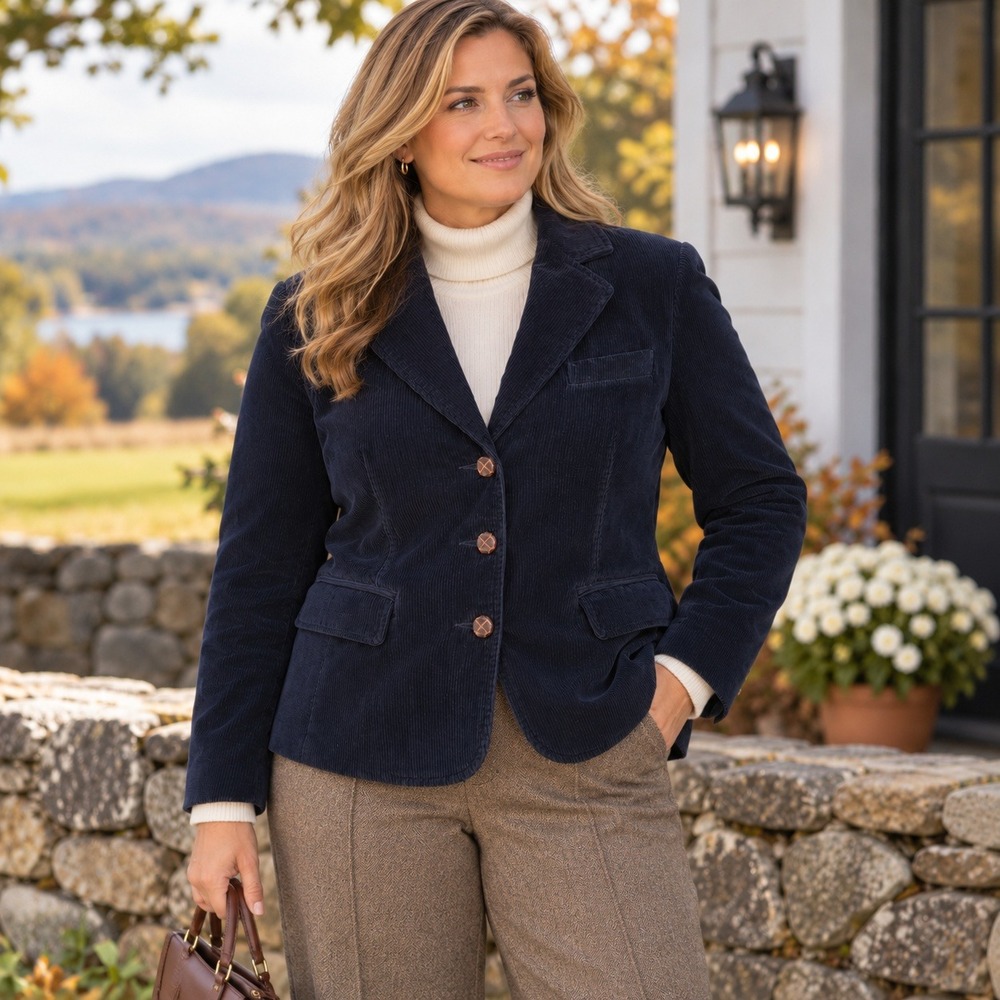 L.L.Bean Corduroy Blazer Jacket Navy Blue Cotton Floral Lined Women's Petite 16